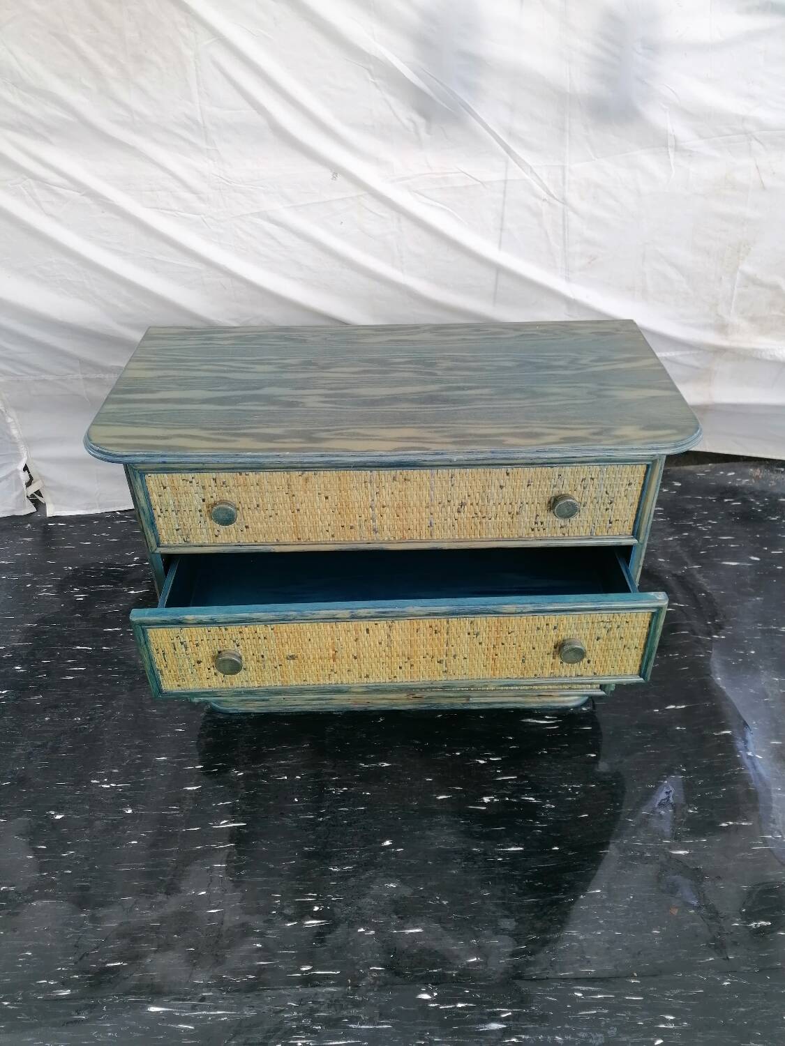 Maugrion chest of drawers in green and blue rattan