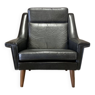 High black leather armchair "Scandinavian design" 1950.
