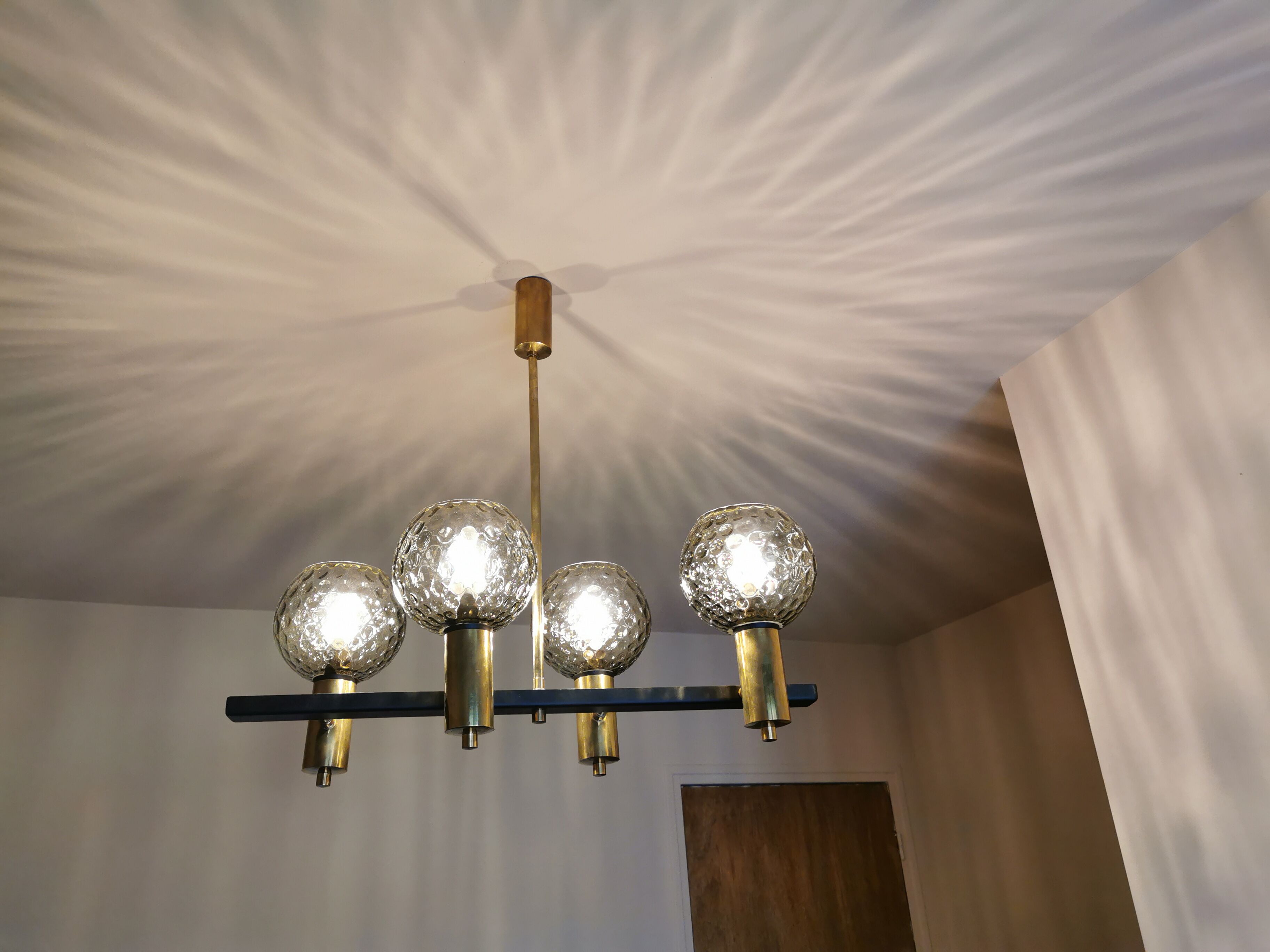 Vintage metal painted chandelier, brass and glass.