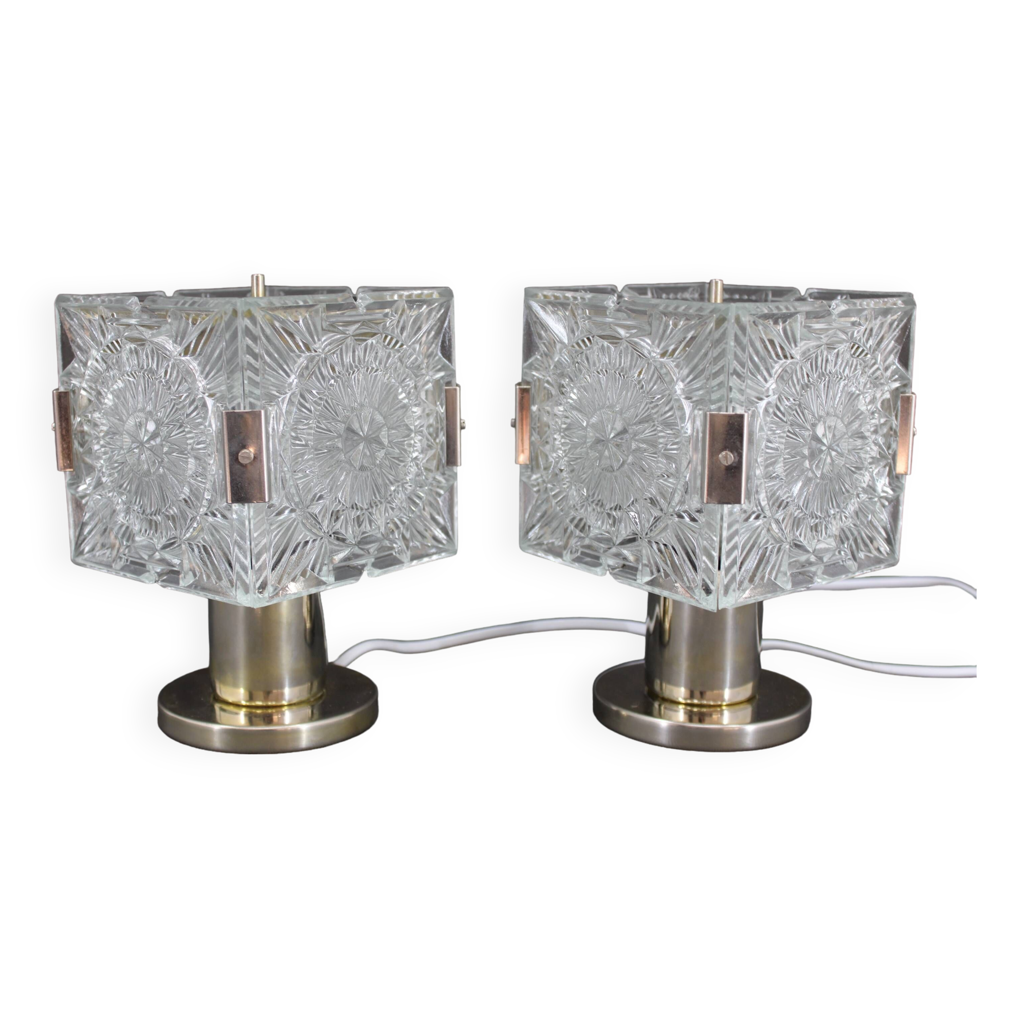 1970s Pair of Brass/Glass Table Lamps by Kamenicky Senov, Czechoslovakia