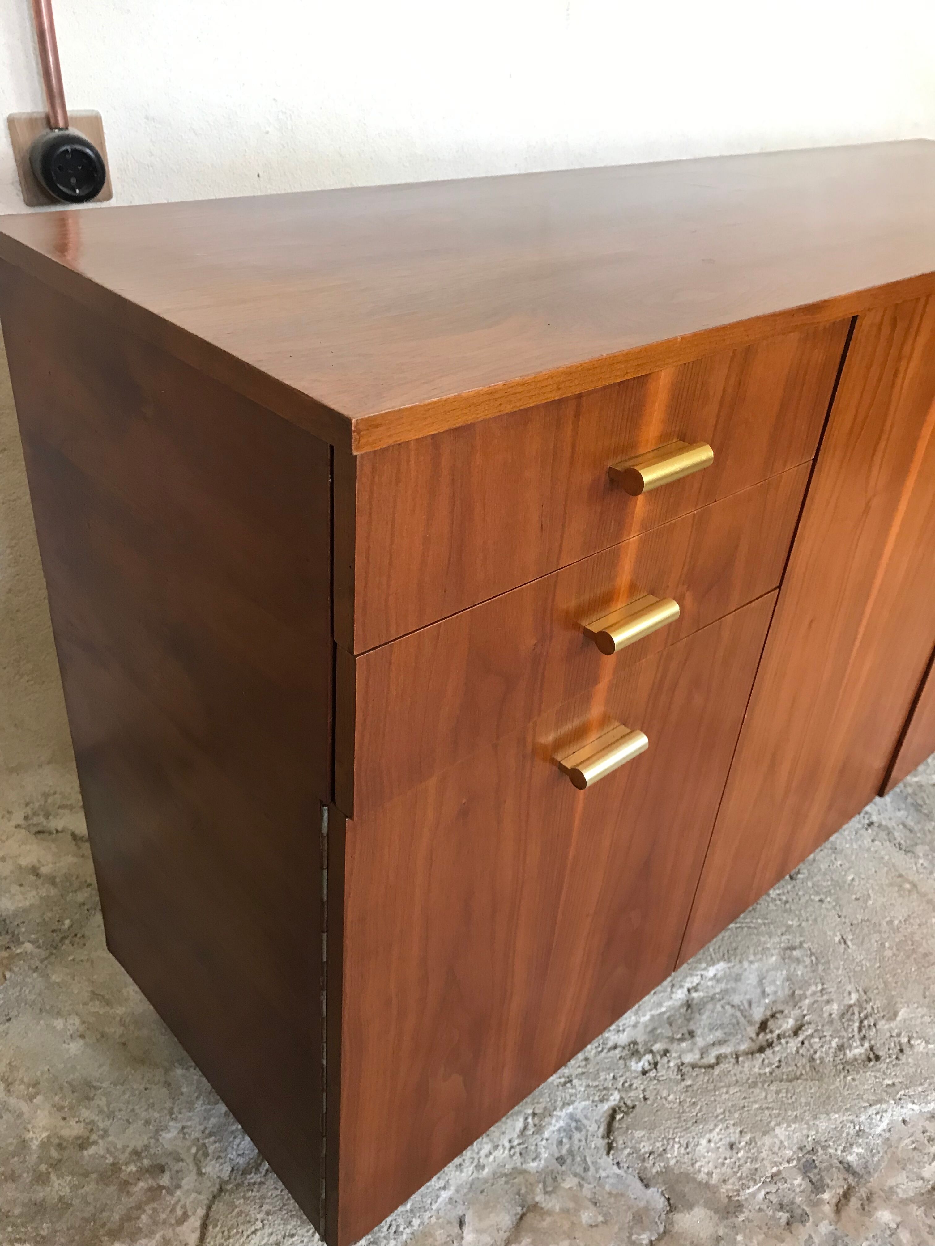 Vintage enfilade 1960-1980's blond walnut veneer handles brass