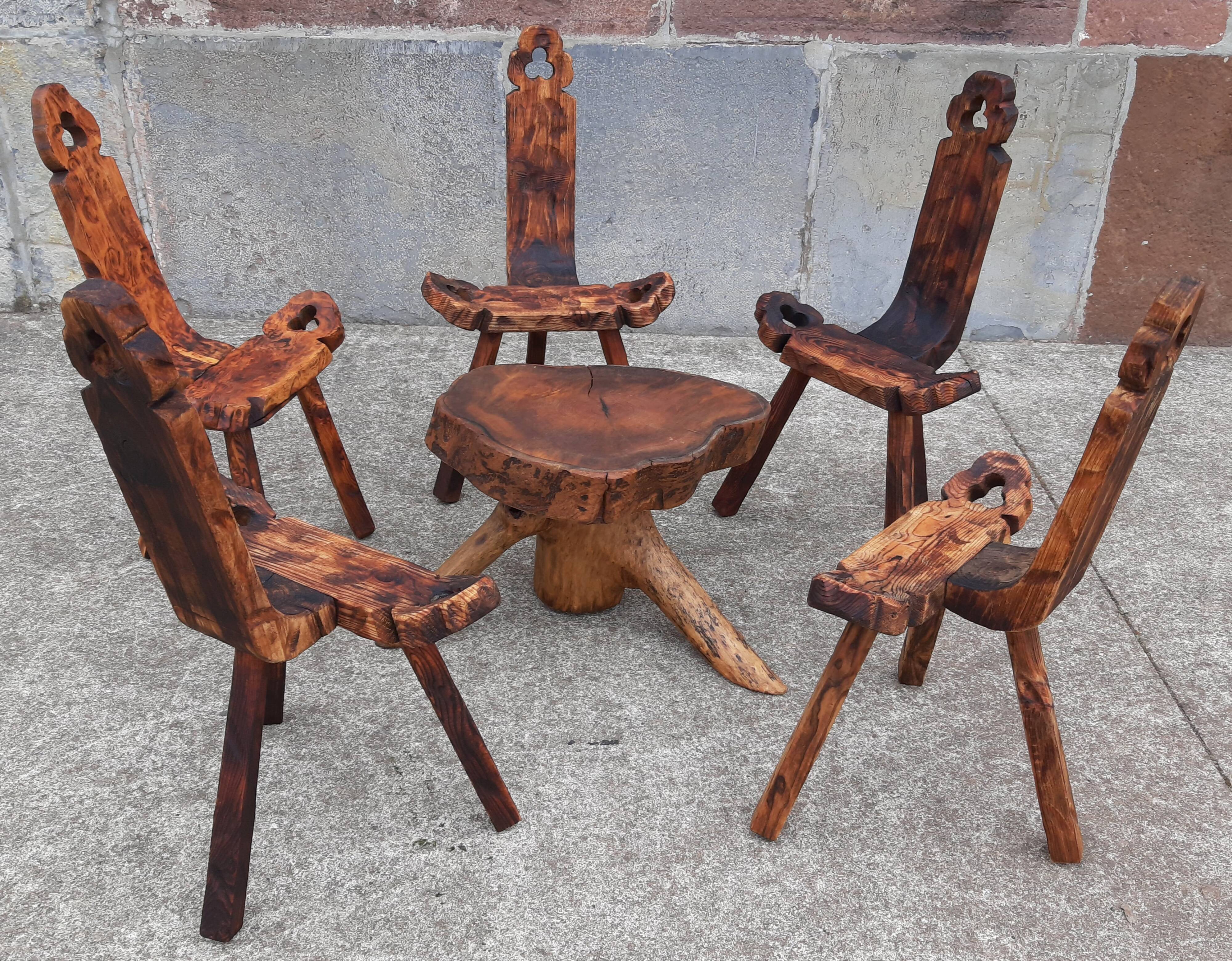 Set of 5 wooden tripod chairs