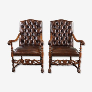 Set of 2 Chesterfield cowhide leather armchairs