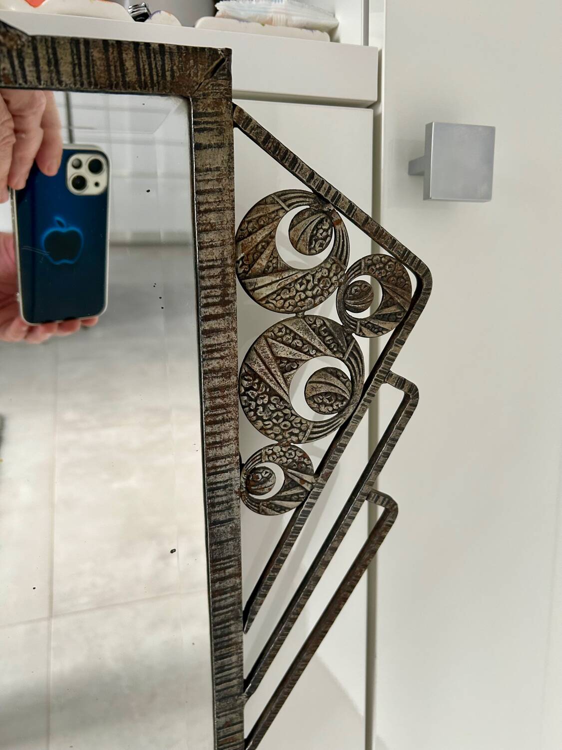 Art Deco mirror 1930 hammered iron and beveled mirror
