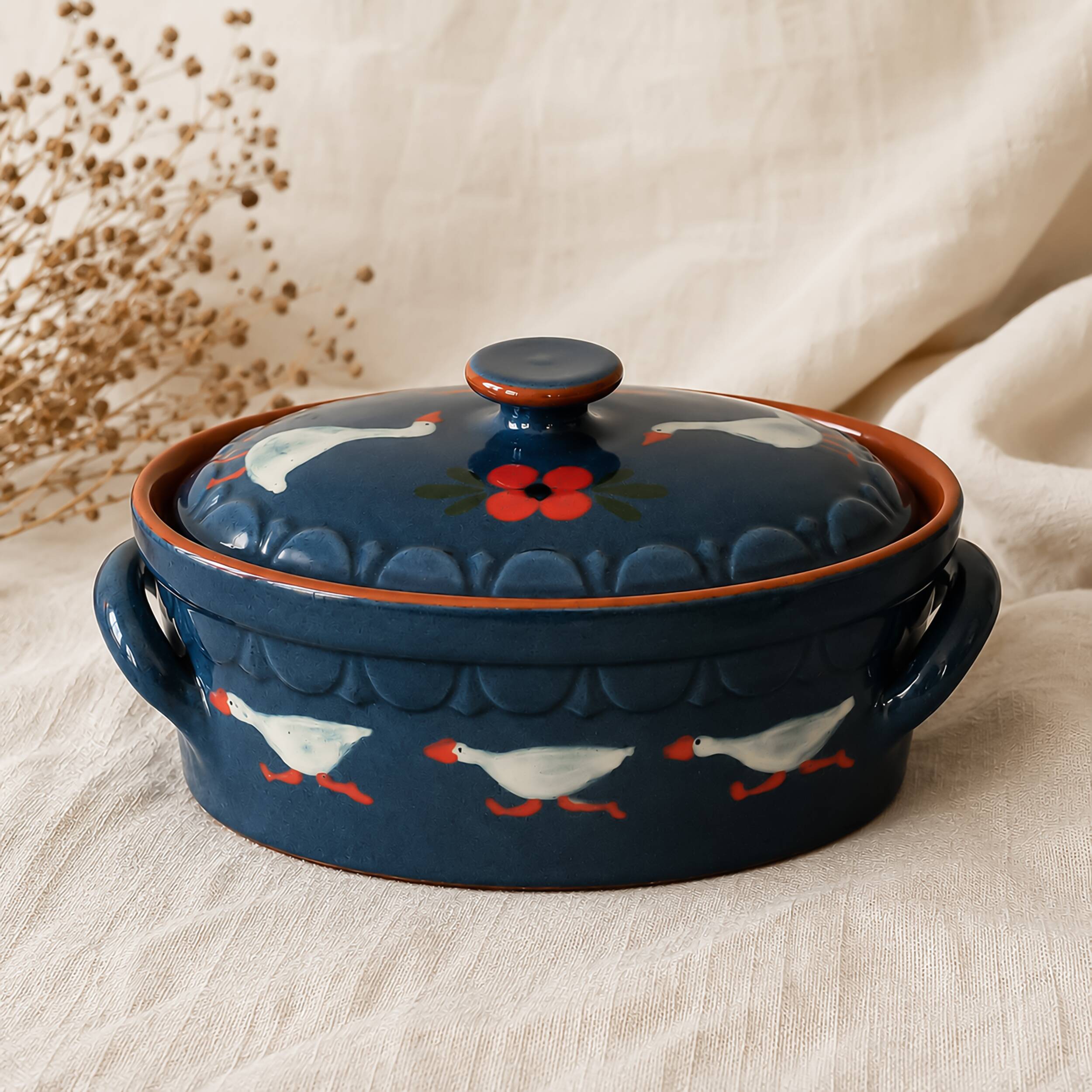 Alsatian terrine vintage in glazed earthenware – decorated with geese from Soufflenheim