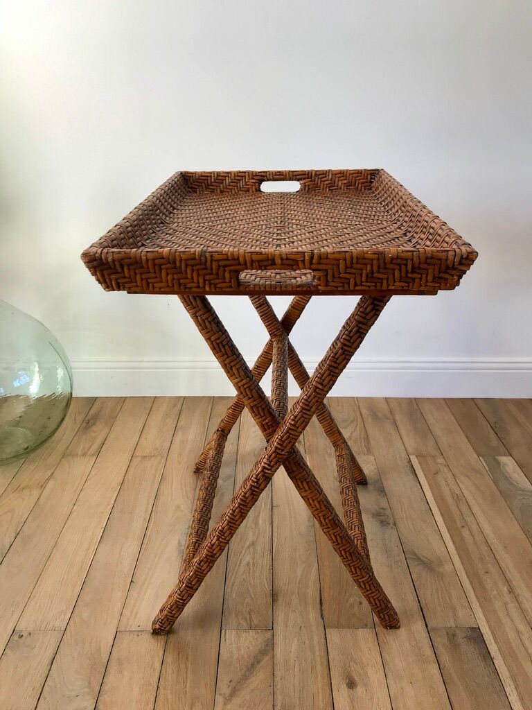 Rattan console exotic wood vintage removable tray 70s