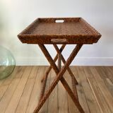 Rattan console exotic wood vintage removable tray 70s