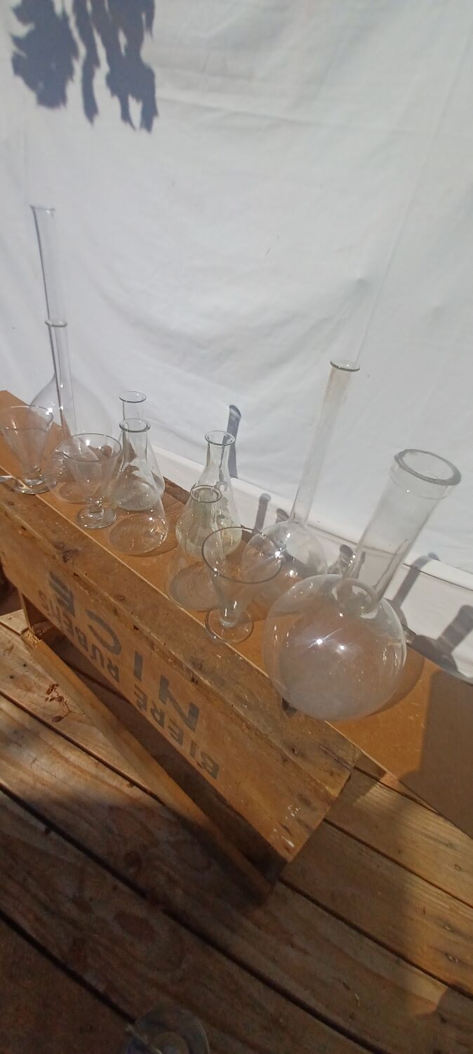 Lot of old soliflore vases chemistry laboratory equipment
