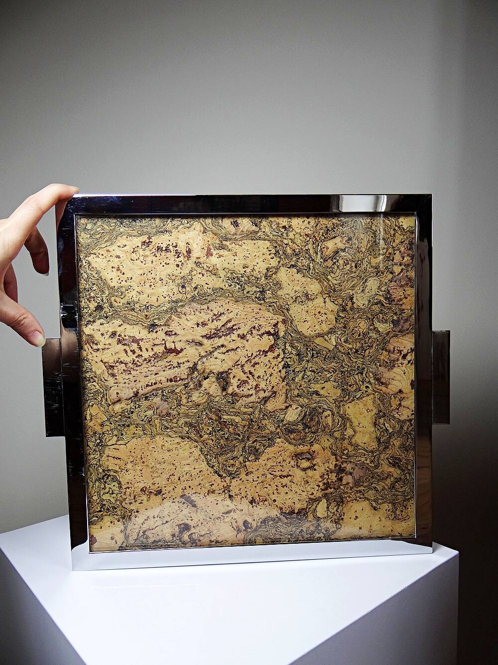 Mid-century chic chrome, cork and glass tray from the 70s