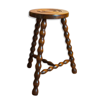 Tripod stool solid wood turned vintage