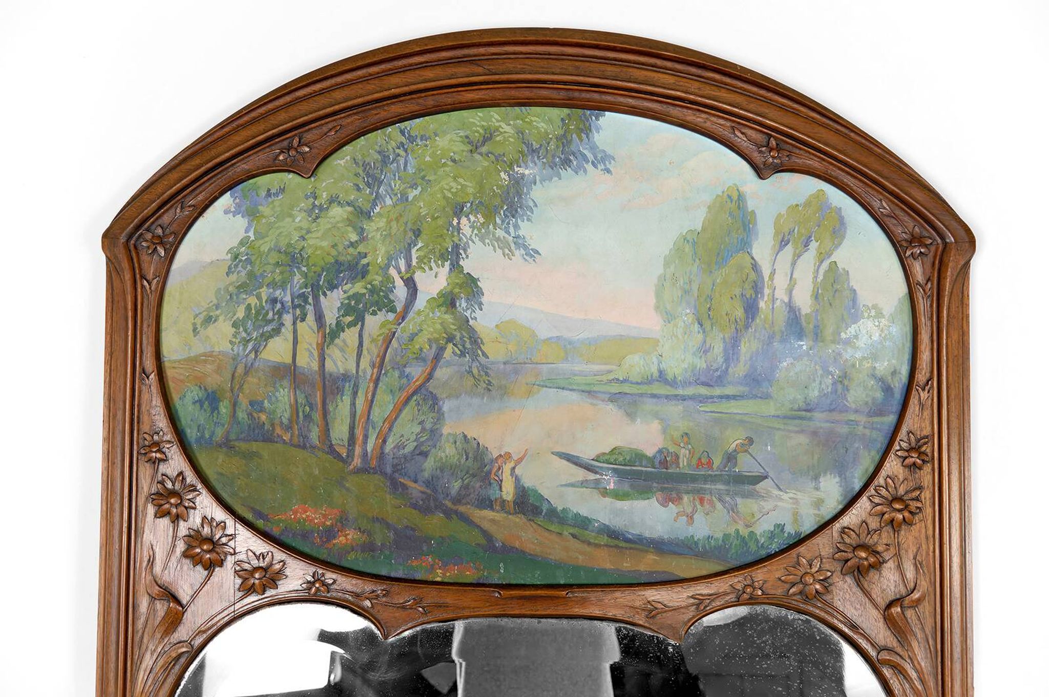 Important Carved Walnut Trumeau Mirror, Art Nouveau, France, Circa 1900