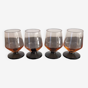 4 verres sur pied art déco à porto en verre fumé saumon pied noir