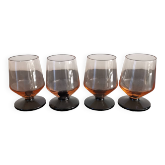 4 art deco stemmed port wine glasses in smoked salmon glass with black base