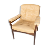 Armchair in dark wood and upholstered with light elegance leather of danish design, 1960s