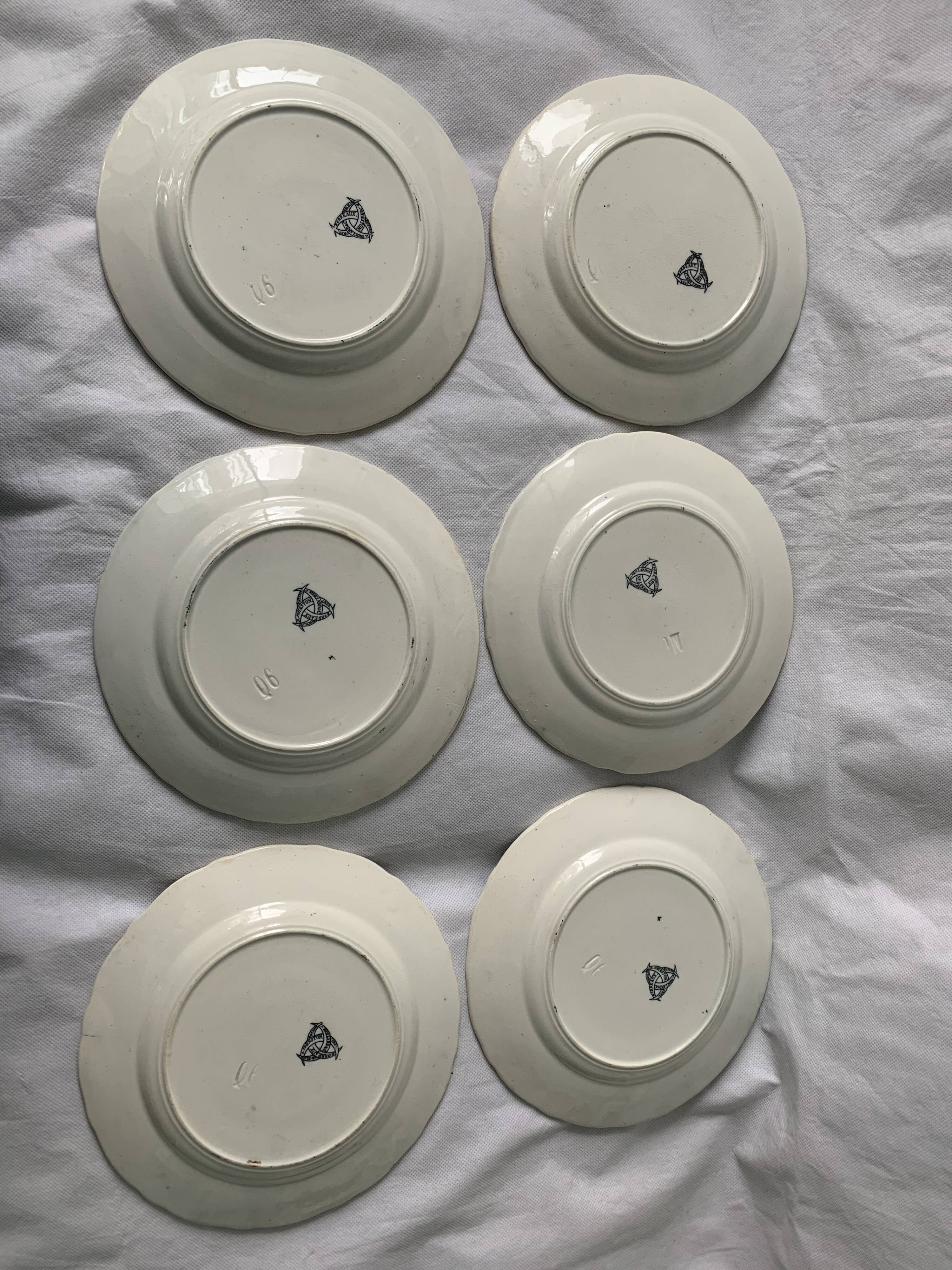 6 black dessert plates Old and Johnston Bordeaux 19th century astrology