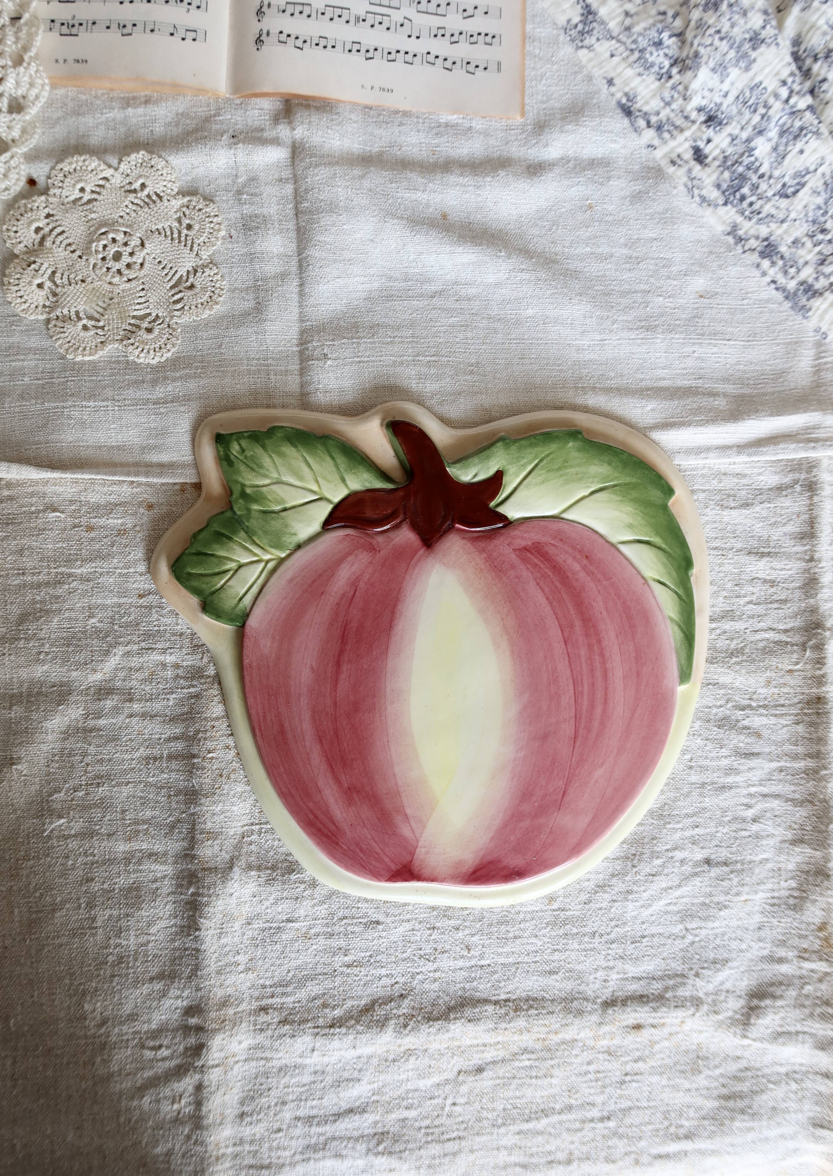 Large vintage ceramic trivet with peach motif - Made in Portugal