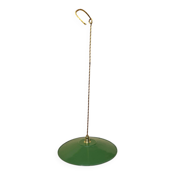 Suspension vintage abat jour industriel tôle émaillée vert et blanc XL