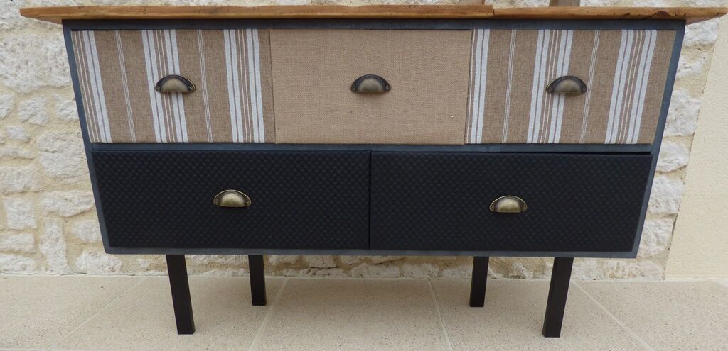 Console with raw wood top and 5 drawers in burlap and imitation leather