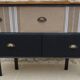 Console with raw wood top and 5 drawers in burlap and imitation leather