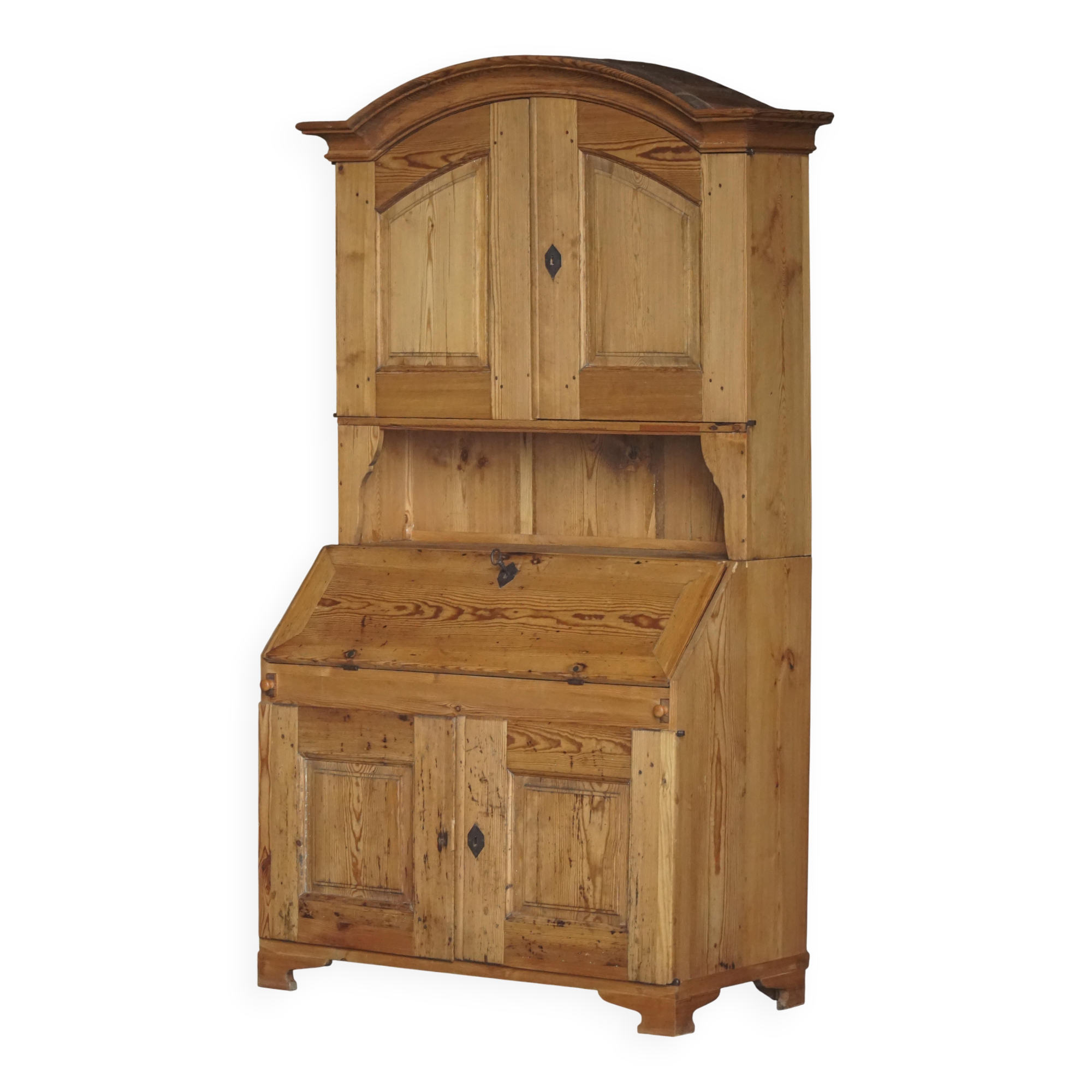 Old Danish secretary in pine with drop-down front and upper cabinet, mid-19th century.