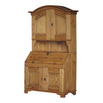 Old Danish secretary in pine with drop-down front and upper cabinet, mid-19th century.