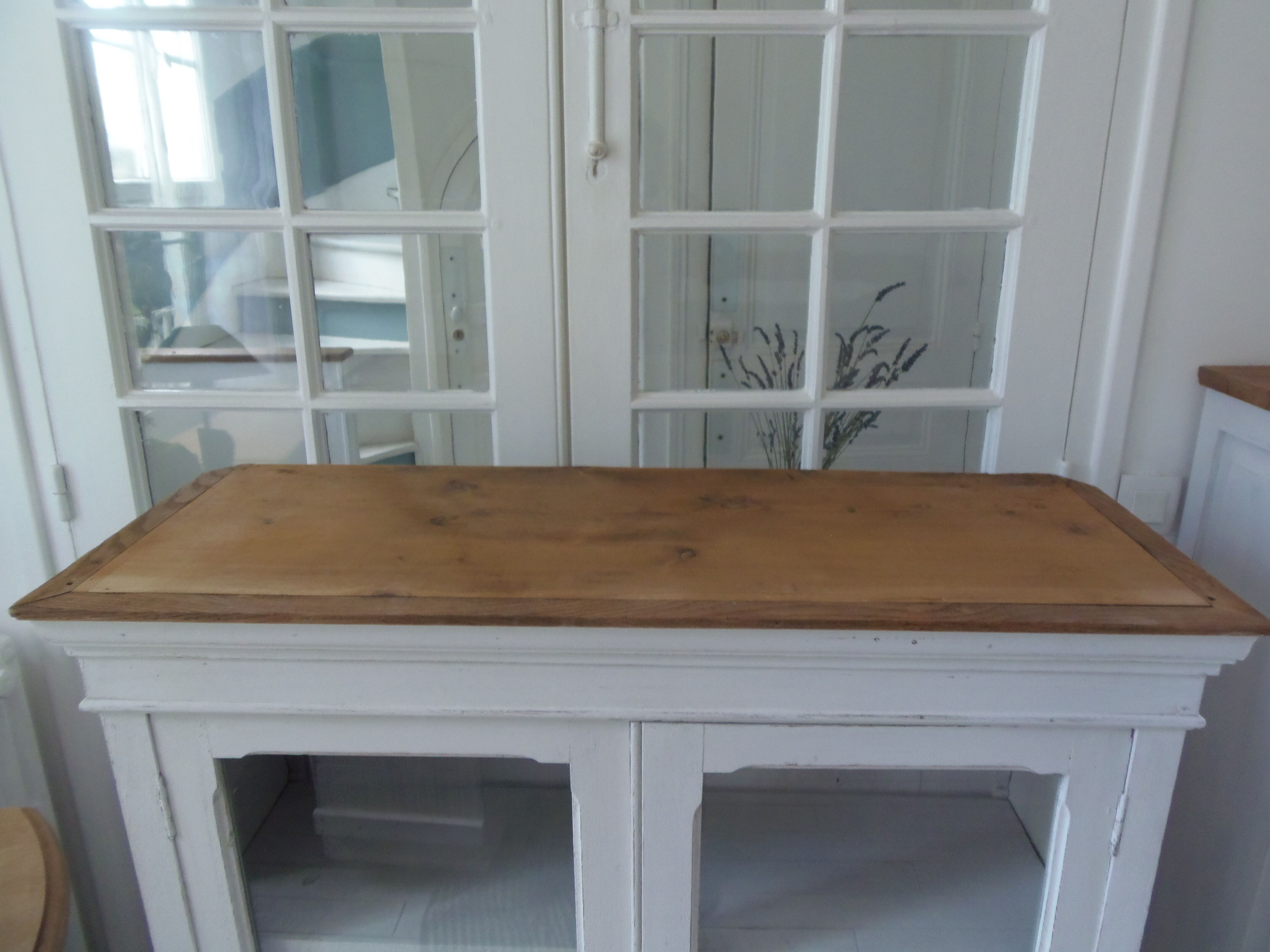 Showcase, bookcase, vintage pearl grey patinated cupboard, wooden top.