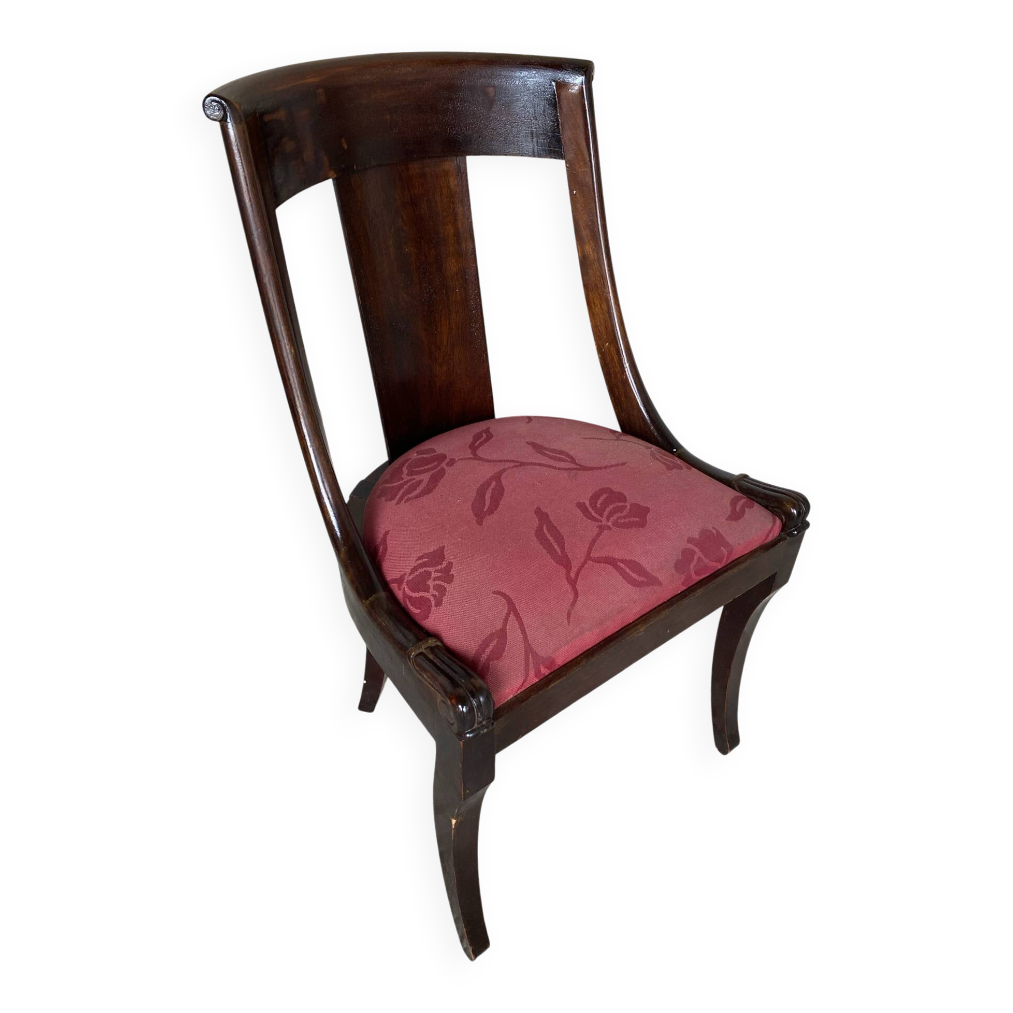 Antique Gondola Chair Empire Style Wood + Red Floral Vintage Fabric