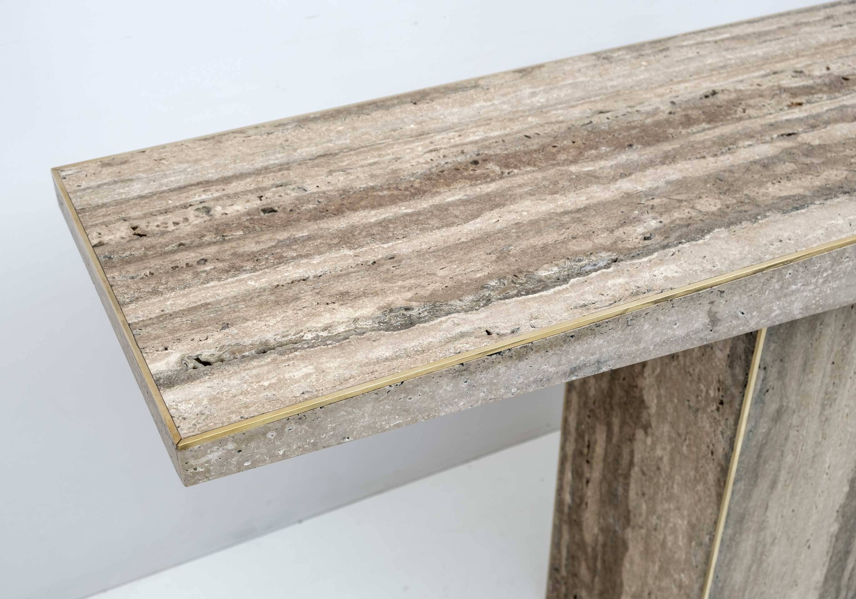 Mid Century Italian Unfilled Travertine and Brass Inlay Console Table
