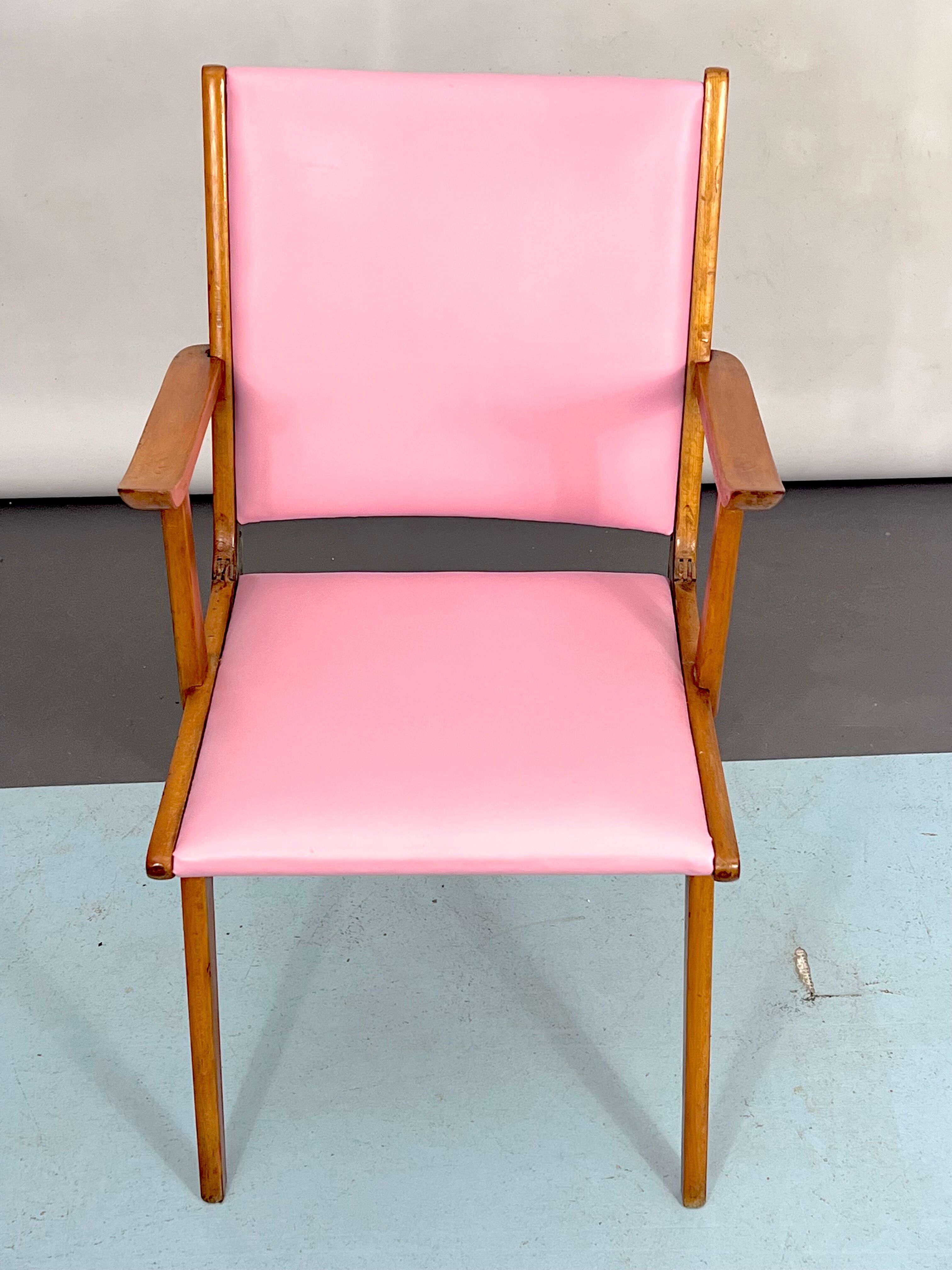 Vintage Italian wood accent chair in pink leatherette. Italy 1950s