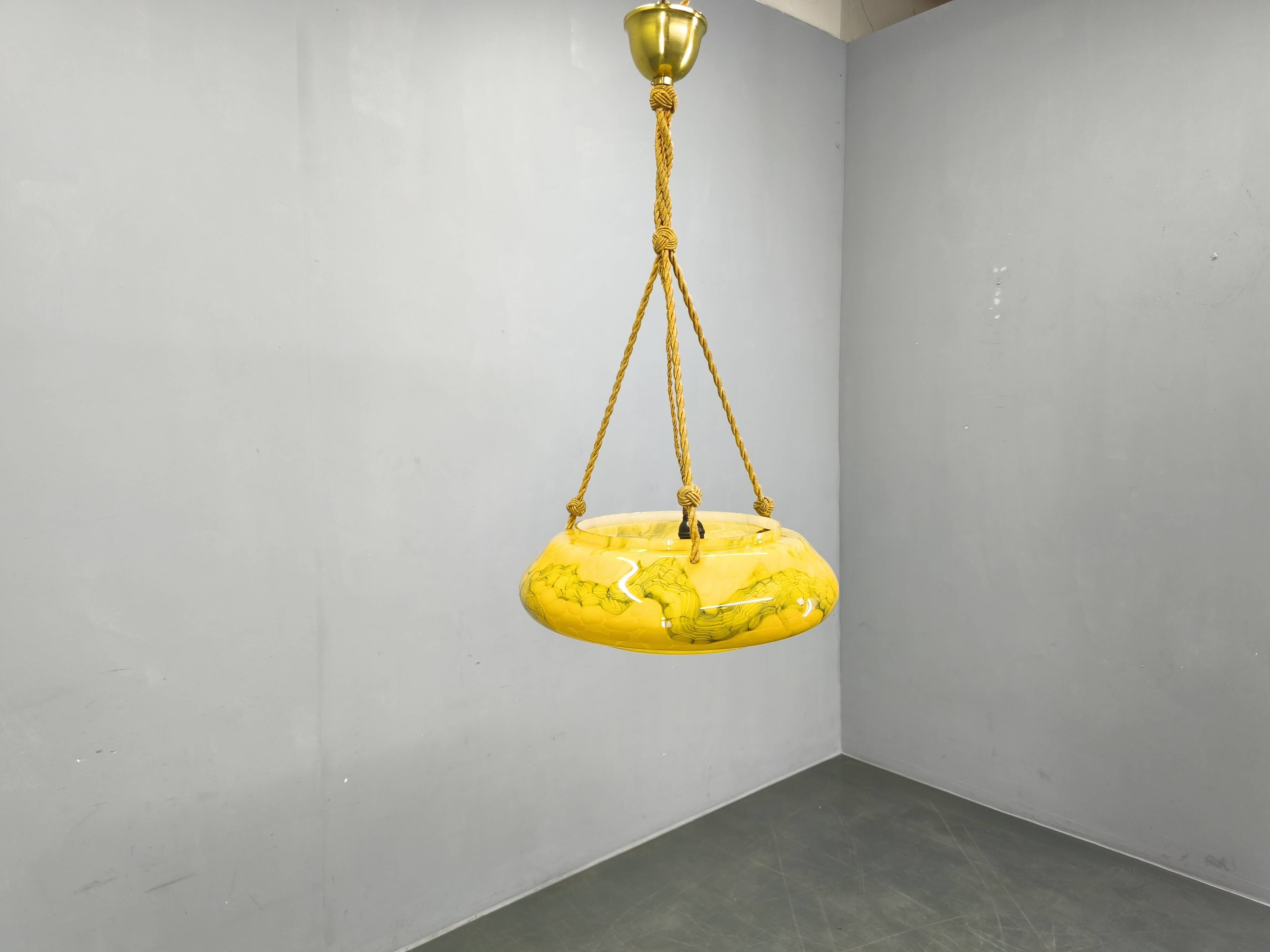 Art Deco Pendant Light, Marbled Glass and Brass, 1930s