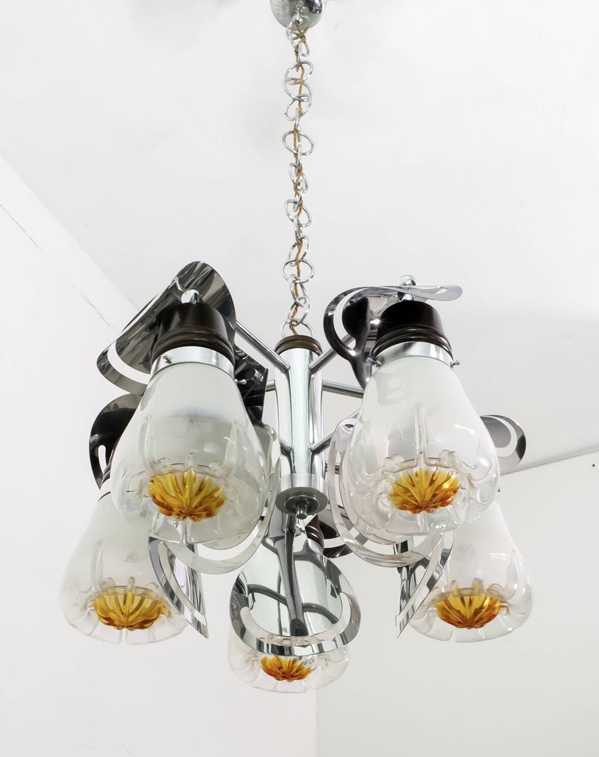 Mazzega Mid-Century Modern Italian Murano Glass and Steel Chandelier, 1970s