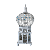 Oriental bird cage, metal and wood white and vintage blue