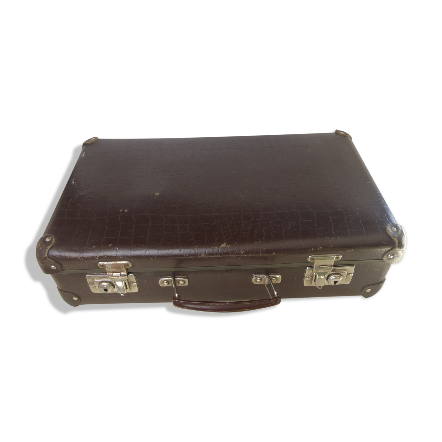 Old brown cardboard suitcase imitating the croco 50s/60s