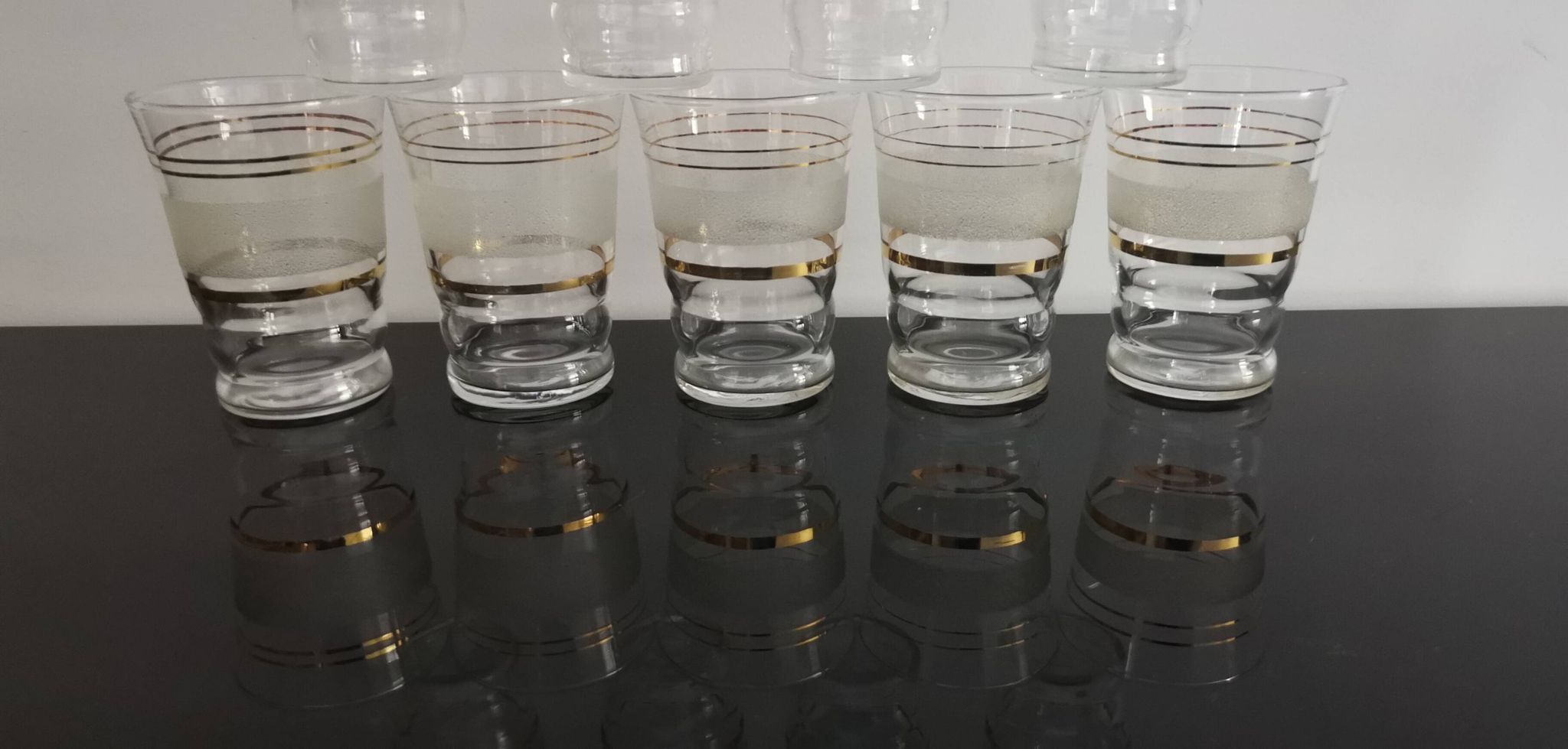 Set of 5 water glasses and 5 aperitif glasses with granite decorations and gold edging from the 1950s
