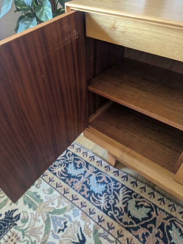 Enfilade moderniste à motif damier en marqueterie de bois clair & acajou,