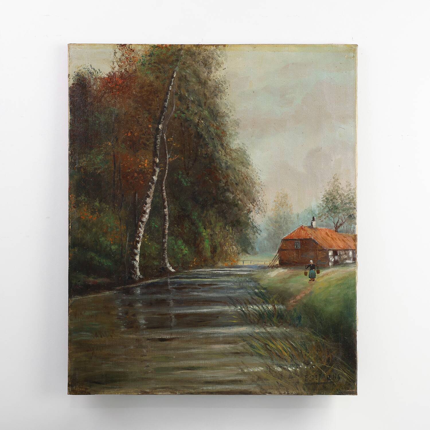 Rustic Farmstead Painting by E. Depriens in Oil on Canvas, Belgium ca. 1930