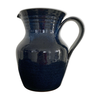 Pitcher decanter in glazed terracotta blue vintage decoration signed