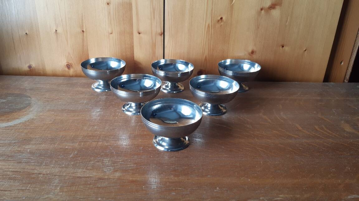 6 vintage stainless steel ice cream cups, France