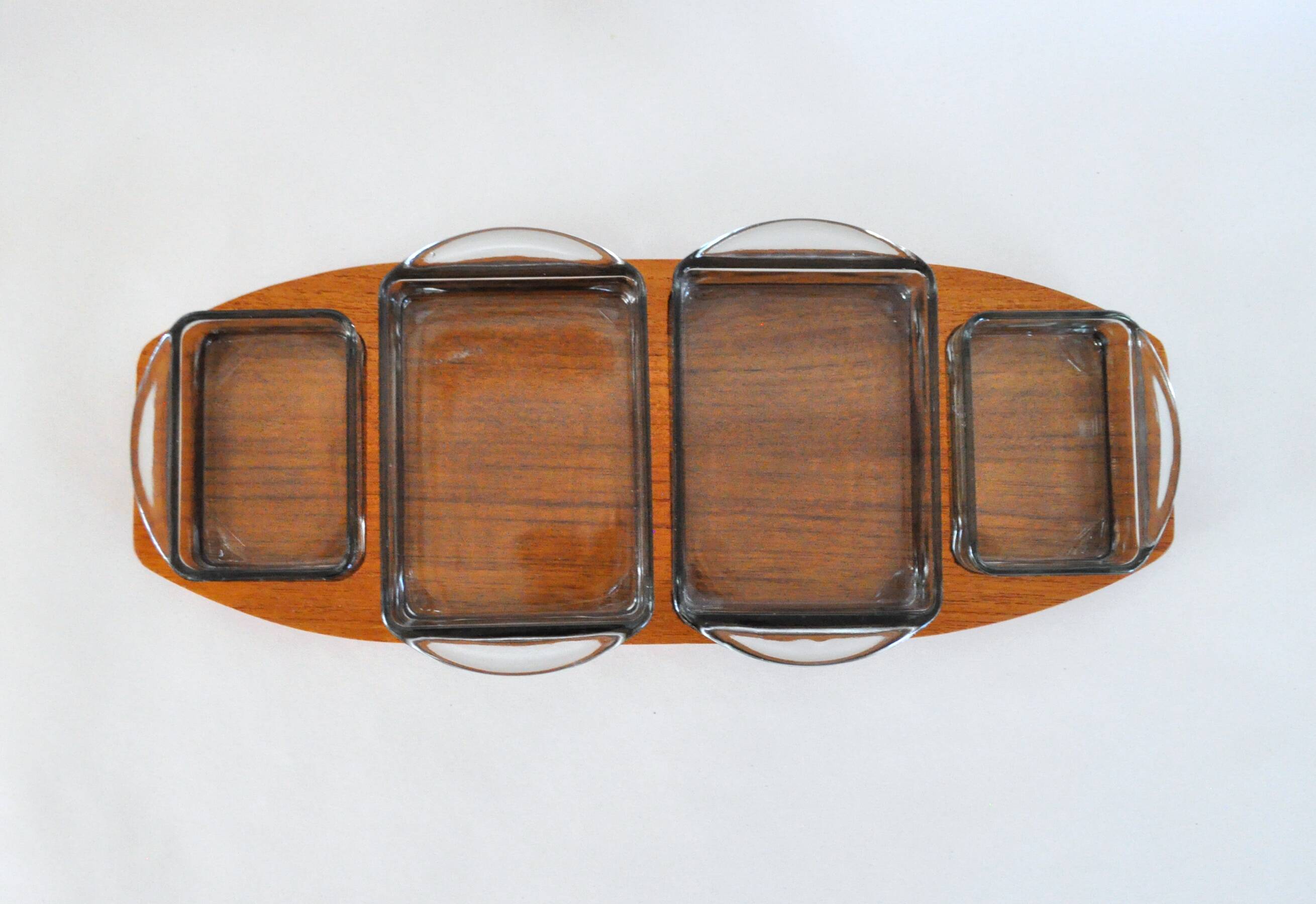 Danish Modern Teak Serving Tray with Glass Bowls, Denmark, 1960s