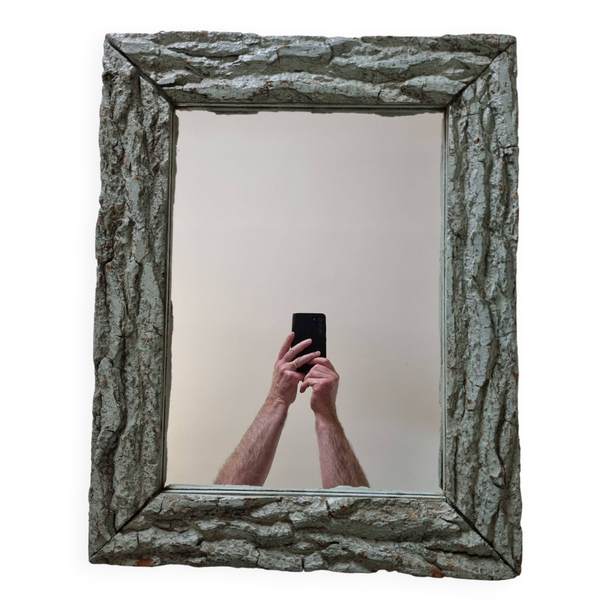 Old mirror, wooden bark frame with rustic patina, 65 cm by 50 cm