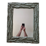 Old mirror, wooden bark frame with rustic patina, 65 cm by 50 cm