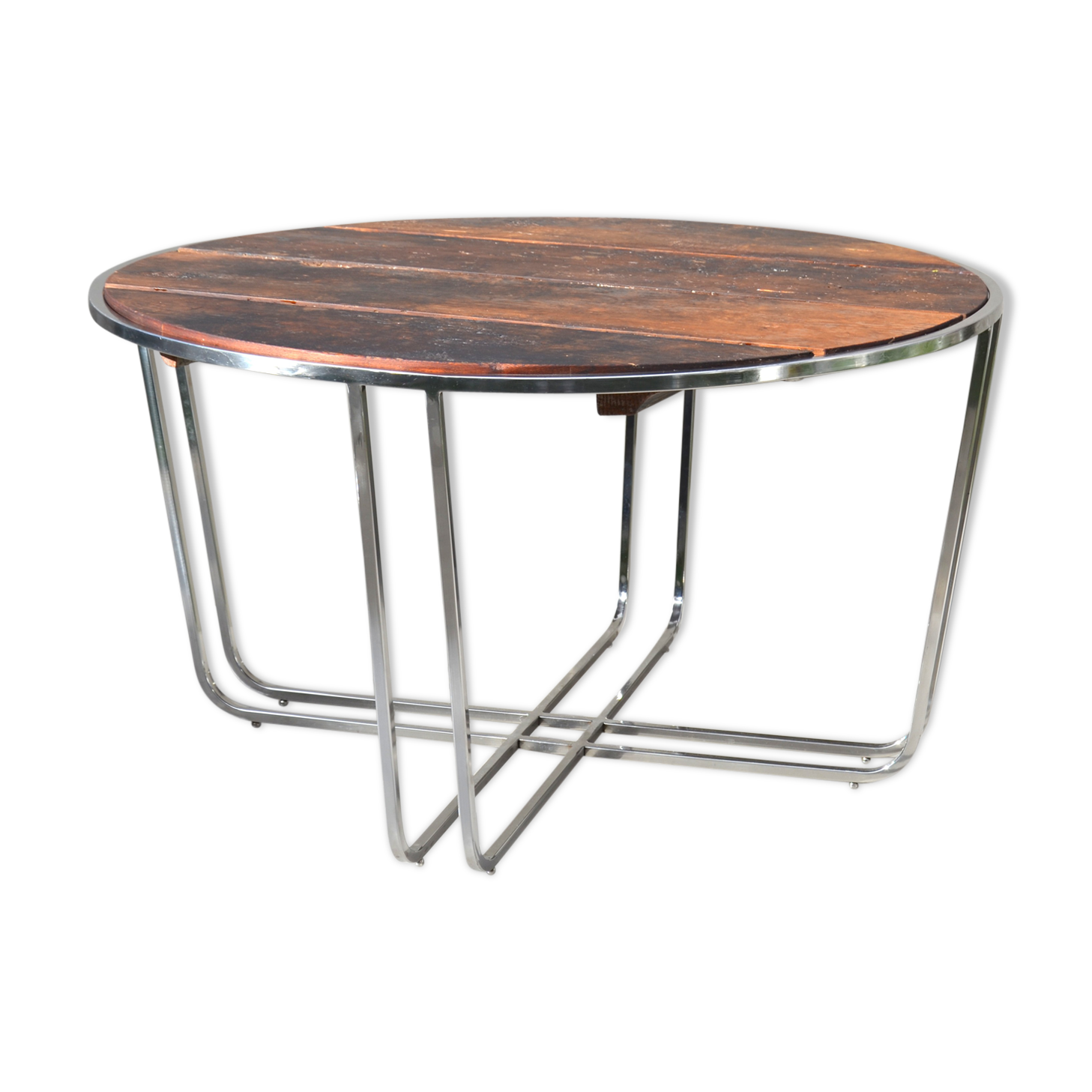 Table basse ronde industrielle à base de bois et de métal, rénovée et rustique