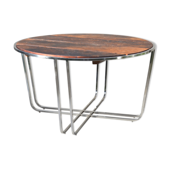 Table basse ronde industrielle à base de bois et de métal, rénovée et rustique