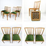 Lot de 4 chaises Mid-Century à barreaux, tissu vert foncé