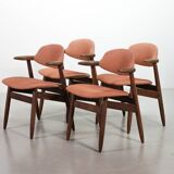 4 Wenge Cowhorn Tijsseling Dining Chairs with Stone Red Fabric, Hulmefa 60s