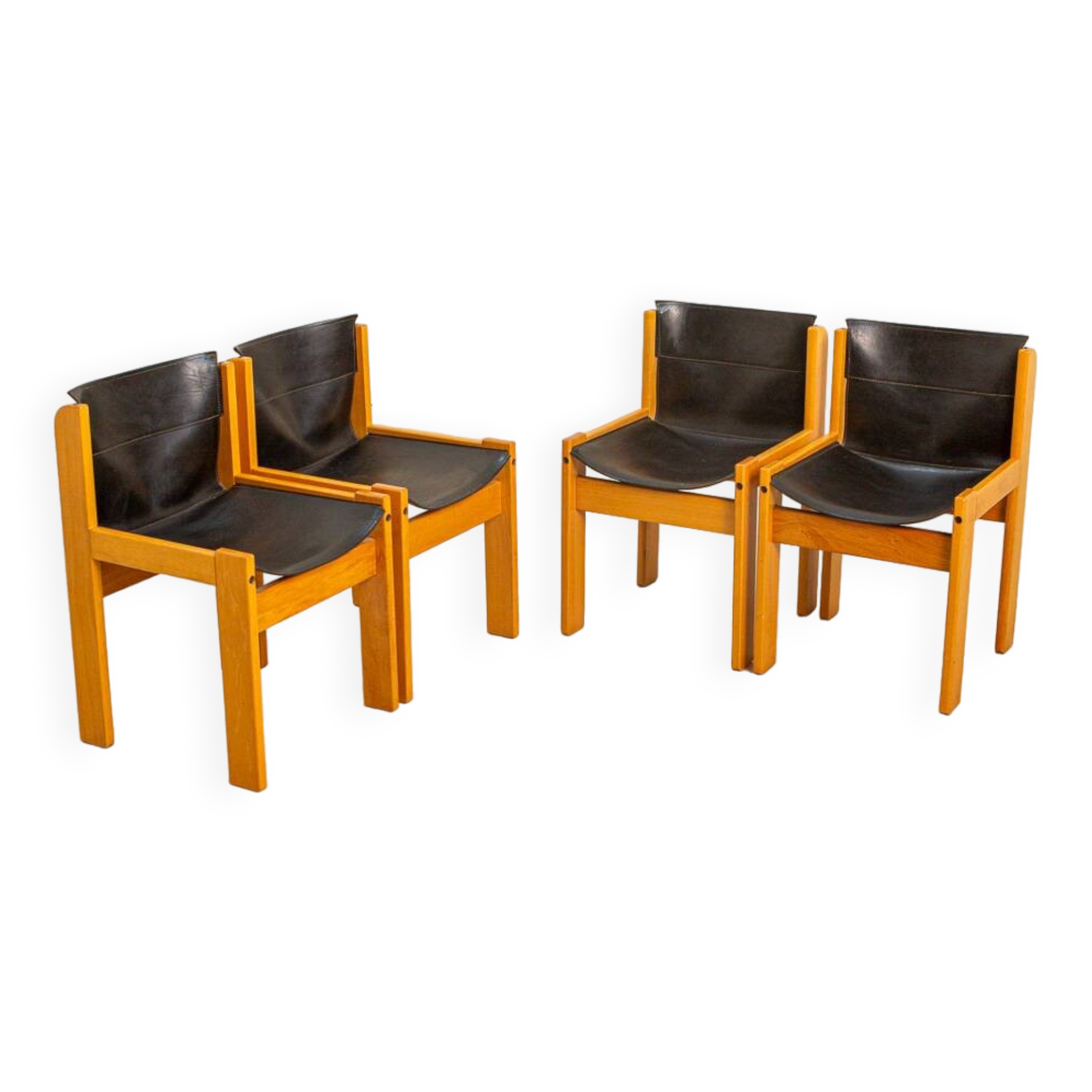 Set of 4 Italian chairs in wood and leather by Ibisco 70's