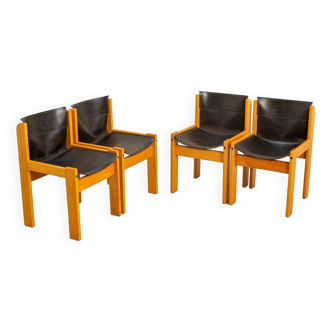 Set of 4 Italian chairs in wood and leather by Ibisco 70's