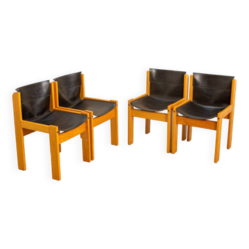 Set of 4 Italian chairs in wood and leather by Ibisco 70's