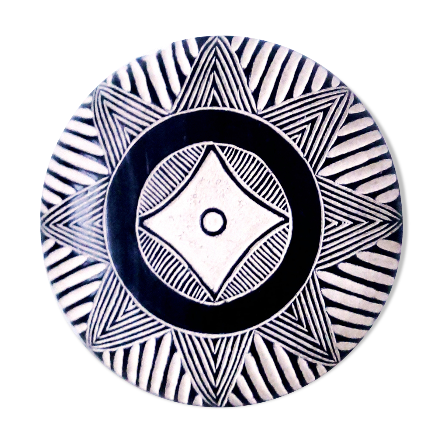 Traditional African tribal shield Bamileke round, wooden, black white wall decoration