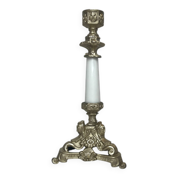 Ancien bougeoir régulé patiné or fût porcelaine début XXème